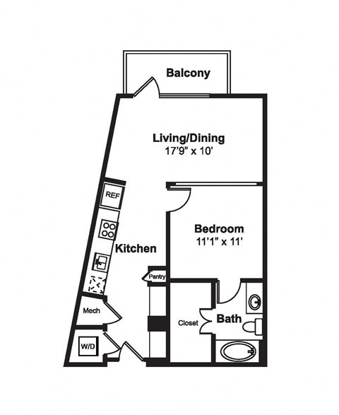 Floor plan for studio, 1 bath, 661 sqft